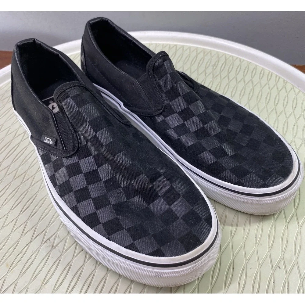 Vans Unisex Black Slip-On Checker Skateboard‎ Shoes Men-8.5 Wom.10 Sneakers